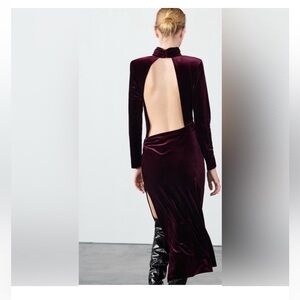 NWT Zara ZW Collection Velvet Draped Burgundy Backless Dress Size XS